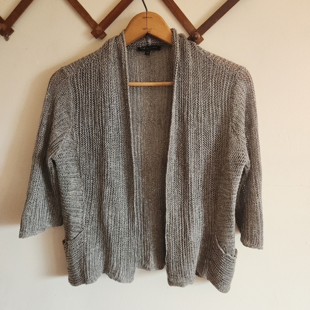 Eileen Fisher Heather Gray Open-Front Loose Knit Cardigan 1/2 Sleeve Petite Smal
